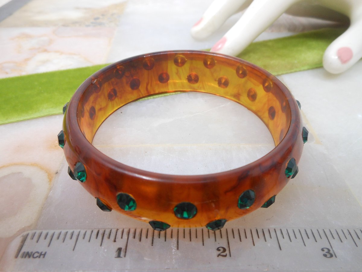 Vintage BAKELITE Bracelet Bangle Green Inset Crystal Rhinestone Mid Century Art Deco Jewelry Gift, VivianJoel.com