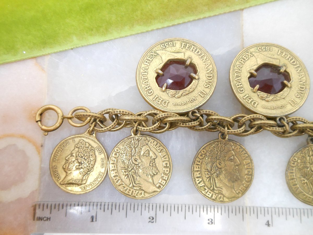 Vintage GERMANY Charm Bracelet Glass Intaglio Cameo Fob Chunky Coin Roman Italy Mid Century Jewelry, VivianJoel.com
