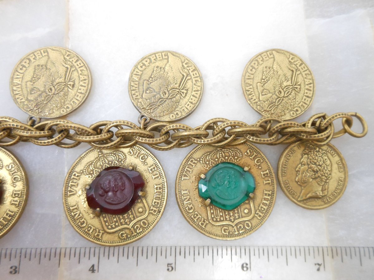 Vintage GERMANY Charm Bracelet Glass Intaglio Cameo Fob Chunky Coin Roman Italy Mid Century Jewelry, VivianJoel.com