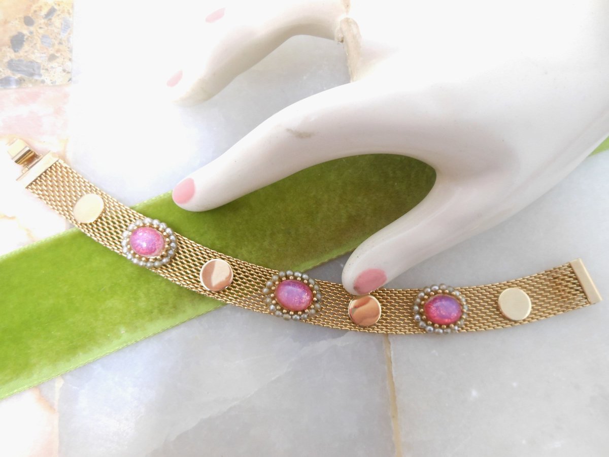 Vintage JUDY LEE Bracelet Mesh Link Fiery Pink Opal Art Glass Faux Pearl Gold Plate Jewelry Gift Designer Mid Century, VivianJoel.com