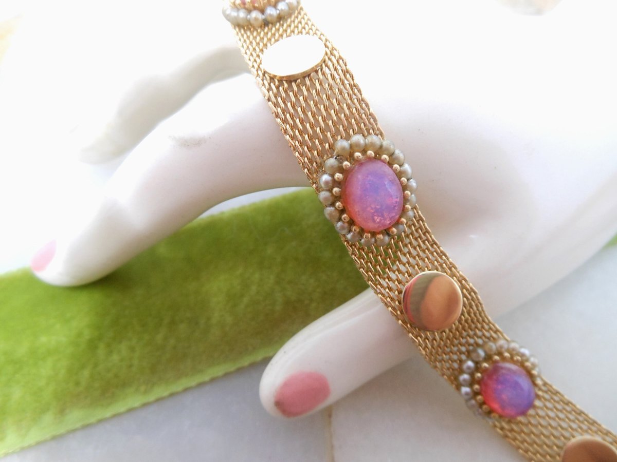 Vintage JUDY LEE Bracelet Mesh Link Fiery Pink Opal Art Glass Faux Pearl Gold Plate Jewelry Gift Designer Mid Century, VivianJoel.com