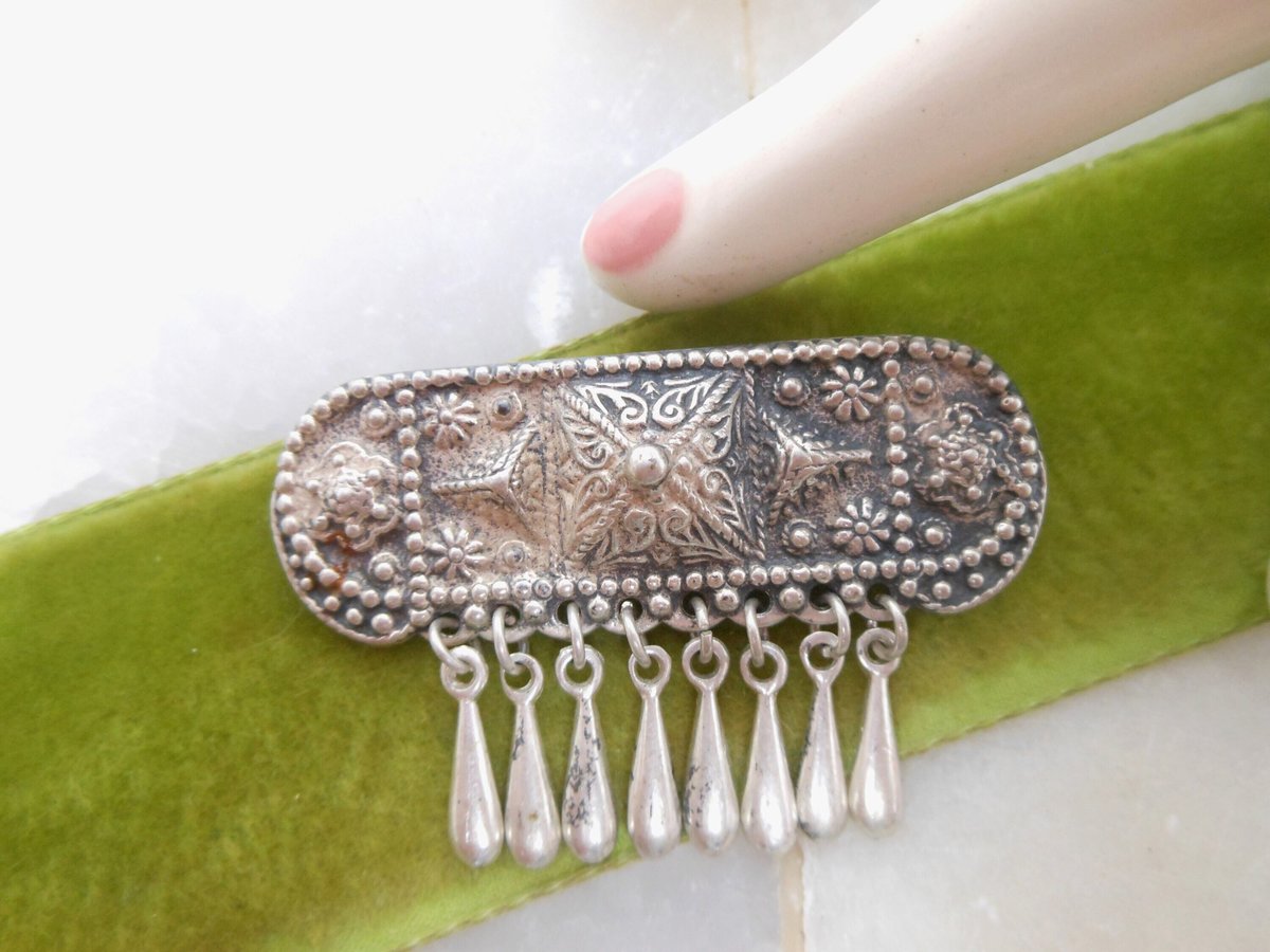 Vintage SILVER Mexico Brooch Dangle Fringe Pyramid Art Deco 925 Artisan Pin Jewelry Gift Mid Century, VivianJoel.com