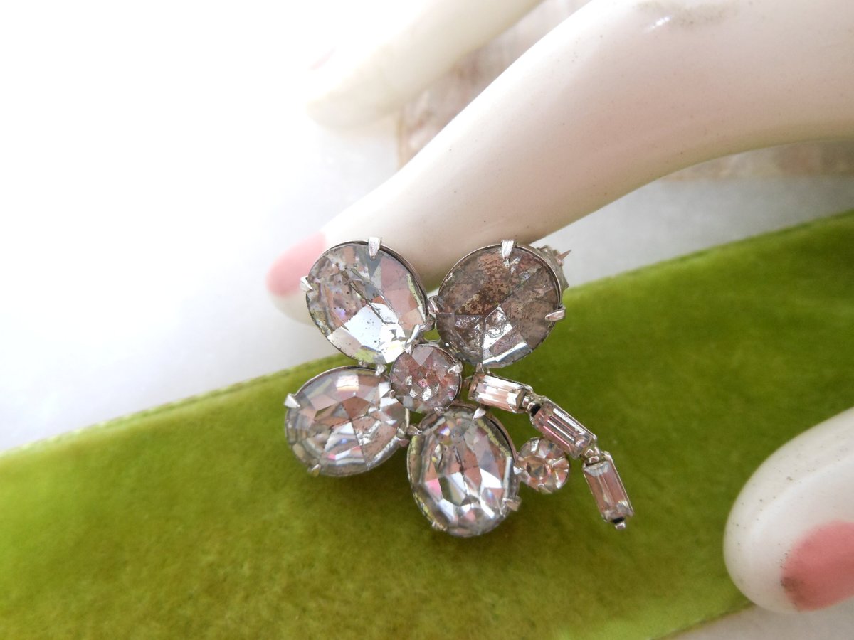 Vintage Rhinestone Shamrock Pin Clover Brooch Figural Good Luck St Patricks Irish Jewelry Gift Mid Century *as is*,  VivianJoel.com