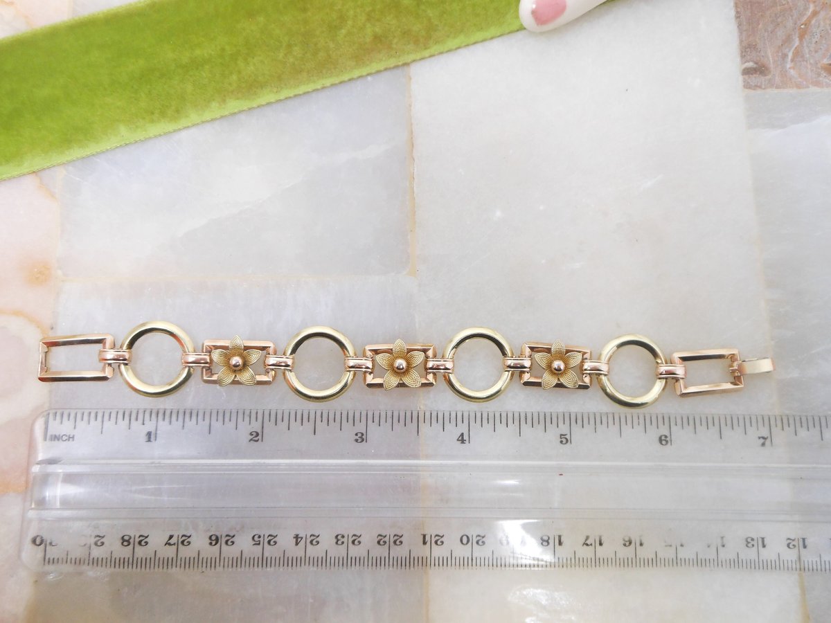 Vintage KREMENTZ Flower Bracelet Daisy Link Yellow Rose Two Tone Gold Overlay Designer Mid Century Jewelry Gift, VivianJoel.com