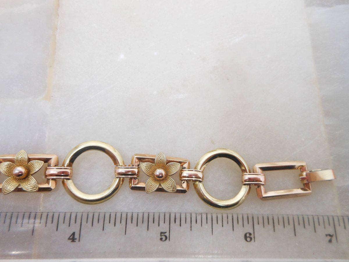 Vintage KREMENTZ Flower Bracelet Daisy Link Yellow Rose Two Tone Gold Overlay Designer Mid Century Jewelry Gift, VivianJoel.com