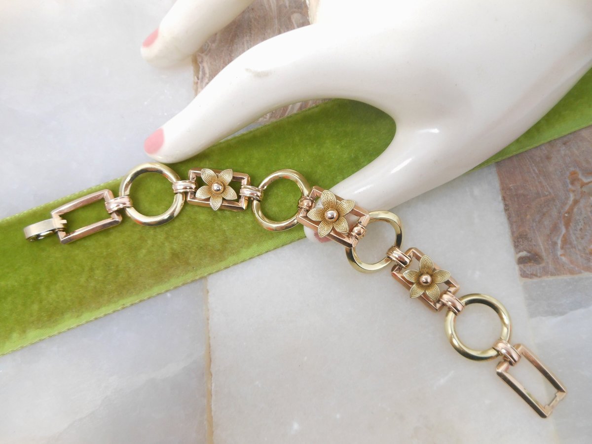 Vintage KREMENTZ Flower Bracelet Daisy Link Yellow Rose Two Tone Gold Overlay Designer Mid Century Jewelry Gift, VivianJoel.com