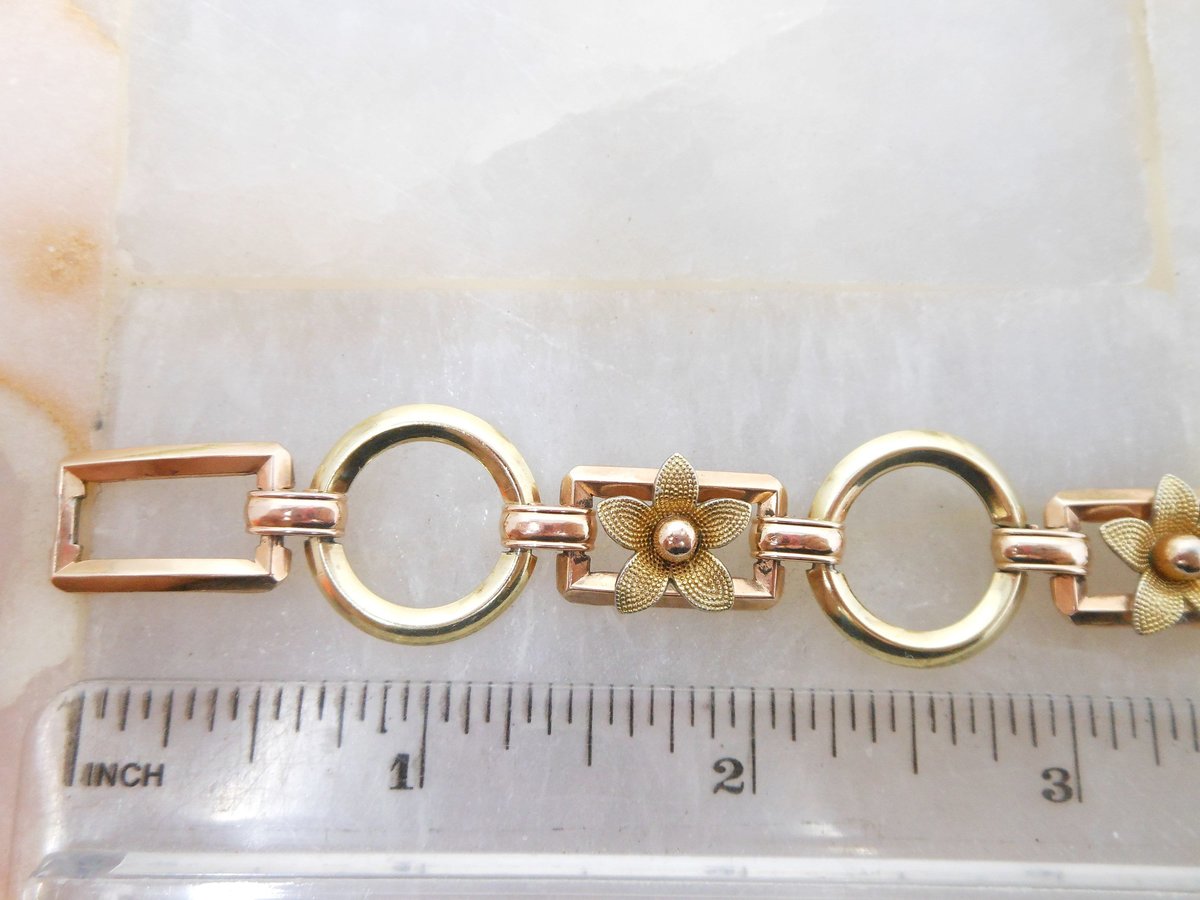 Vintage KREMENTZ Flower Bracelet Daisy Link Yellow Rose Two Tone Gold Overlay Designer Mid Century Jewelry Gift, VivianJoel.com