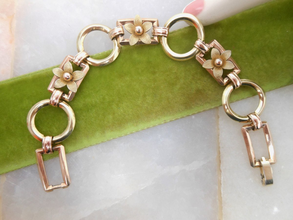 Vintage KREMENTZ Flower Bracelet Daisy Link Yellow Rose Two Tone Gold Overlay Designer Mid Century Jewelry Gift, VivianJoel.com