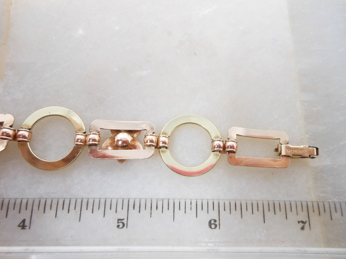 Vintage KREMENTZ Flower Bracelet Daisy Link Yellow Rose Two Tone Gold Overlay Designer Mid Century Jewelry Gift, VivianJoel.com