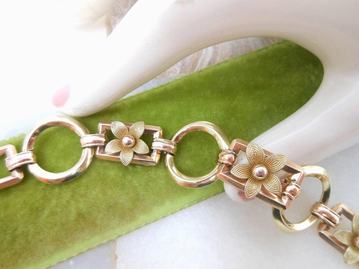 Vintage KREMENTZ Flower Bracelet Daisy Link Yellow Rose Two Tone Gold Overlay Designer Mid Century Jewelry Gift, VivianJoel.com