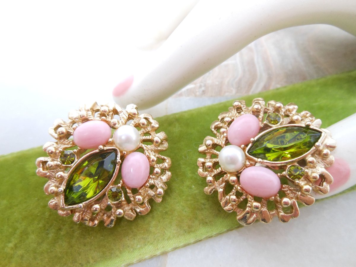 Vintage SARAH COVENTRY Earrings Clip On Green Rhinestone Pink Egg Fashion Splendor Designer Jewelry Gift Mid Century, VivianJoel.com