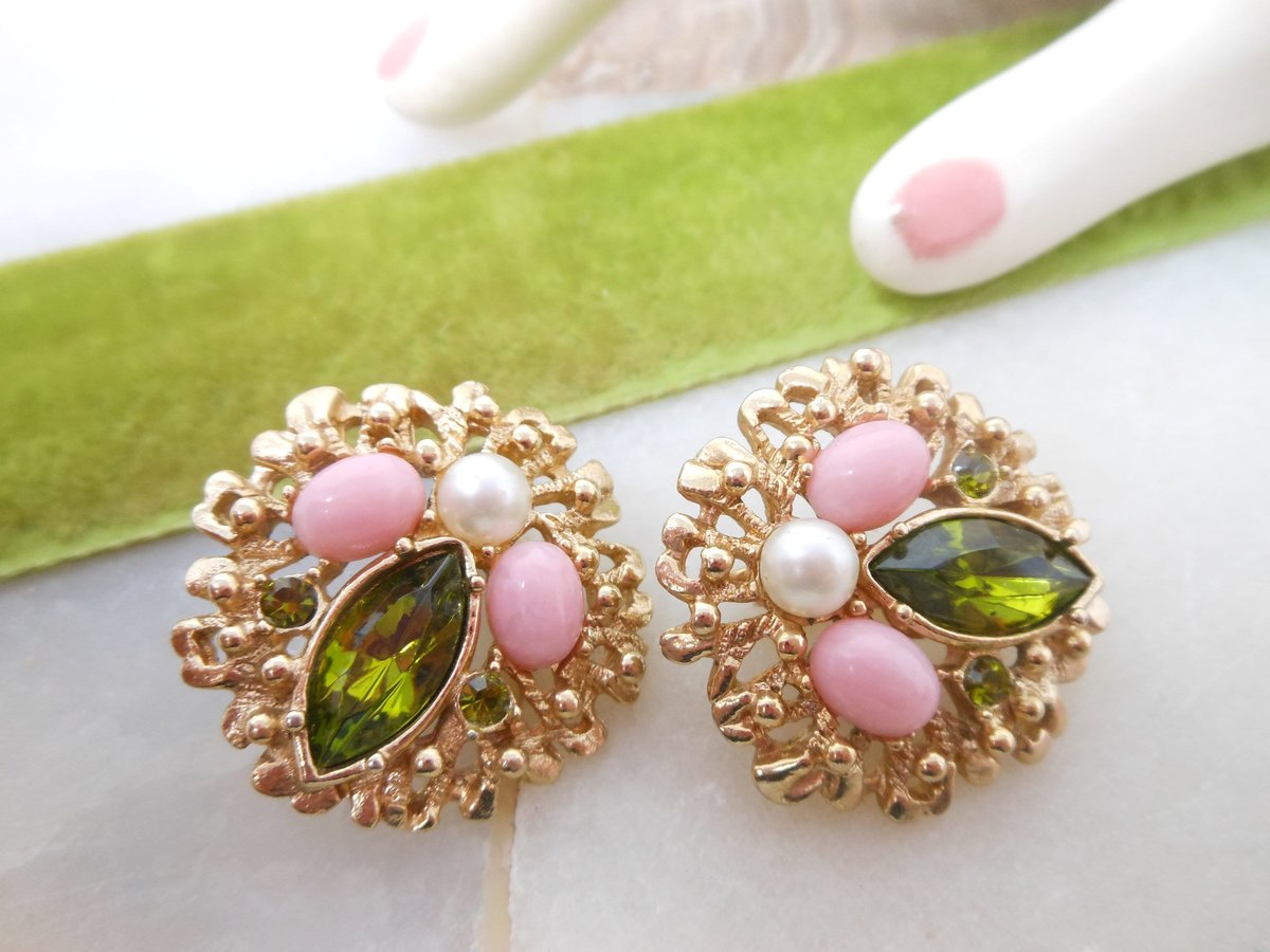 Vintage SARAH COVENTRY Earrings Clip On Green Rhinestone Pink Egg Fashion Splendor Designer Jewelry Gift Mid Century, VivianJoel.com