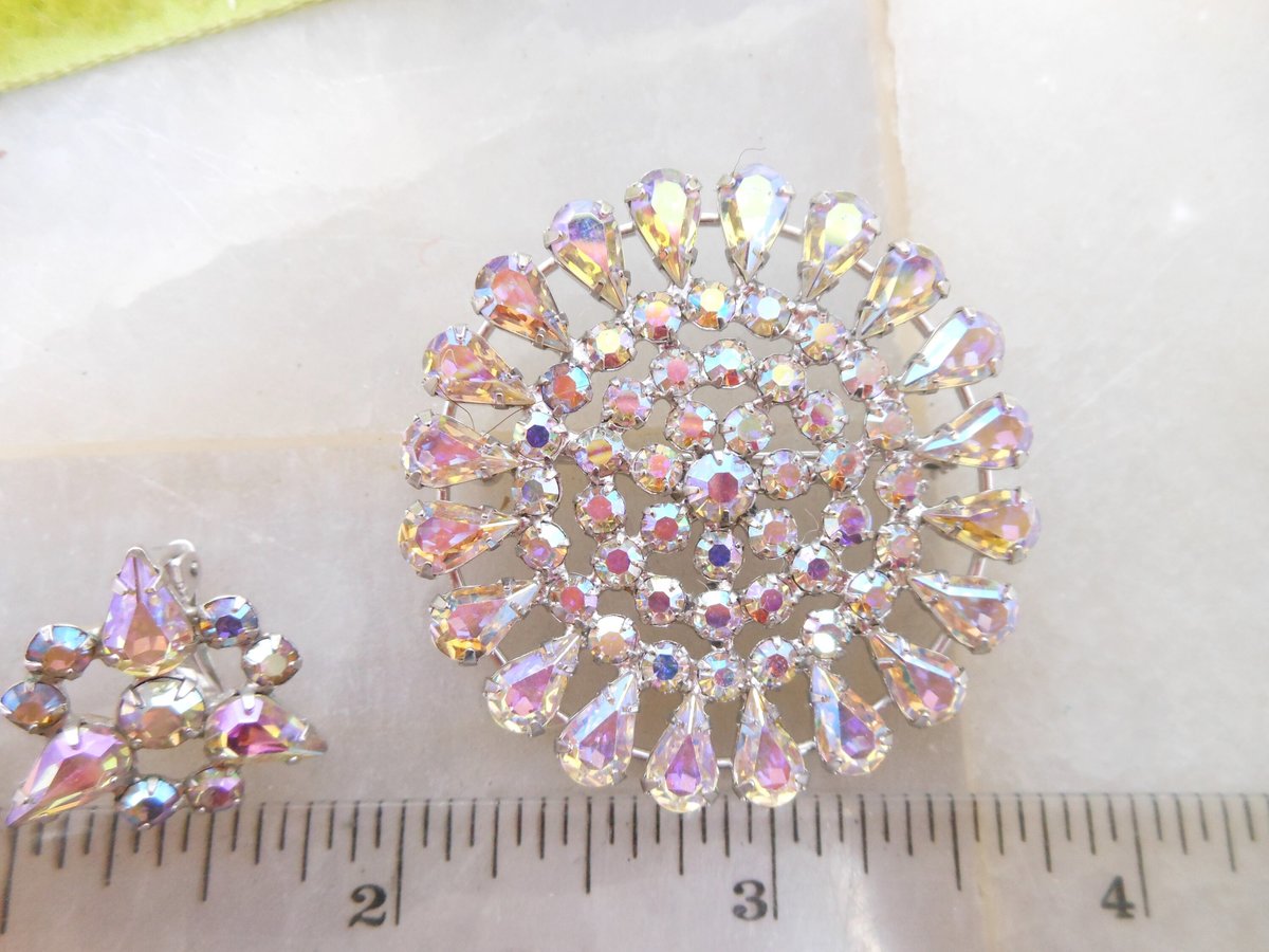 Vintage B DAVID Rhinestone Brooch Earrings Set Starburst Flower Aurora Borealis Designer Mid Century Jewelry Original Box, VivianJoel.com