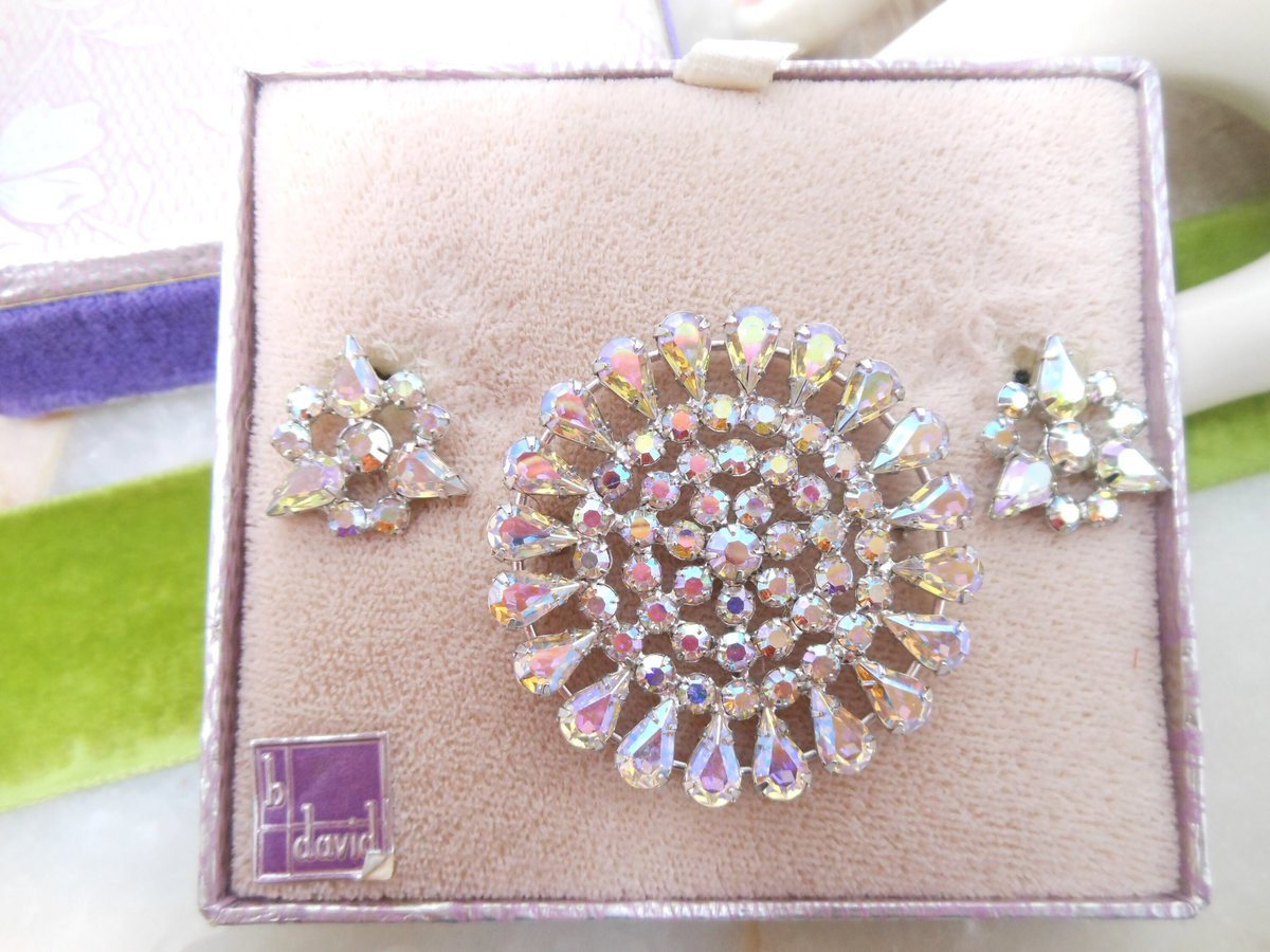 Vintage B DAVID Rhinestone Brooch Earrings Set Starburst Flower Aurora Borealis Designer Mid Century Jewelry Original Box, VivianJoel.com