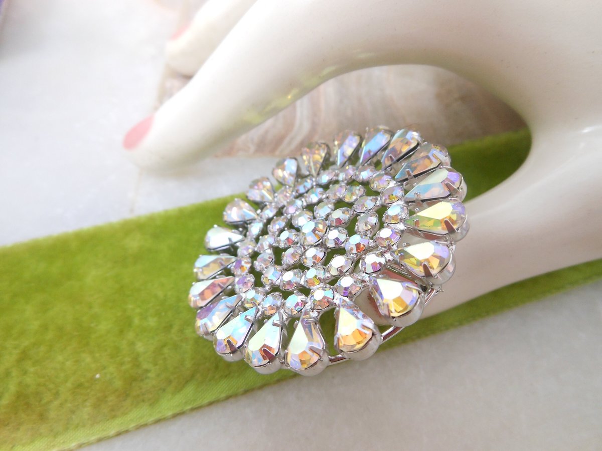 Vintage B DAVID Rhinestone Brooch Earrings Set Starburst Flower Aurora Borealis Designer Mid Century Jewelry Original Box, VivianJoel.com