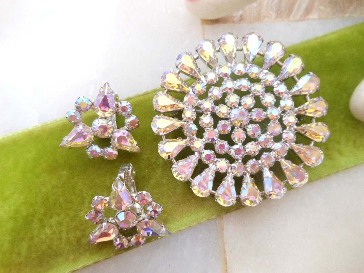 Vintage B DAVID Rhinestone Brooch Earrings Set Starburst Flower Aurora Borealis Designer Mid Century Jewelry Original Box, VivianJoel.com