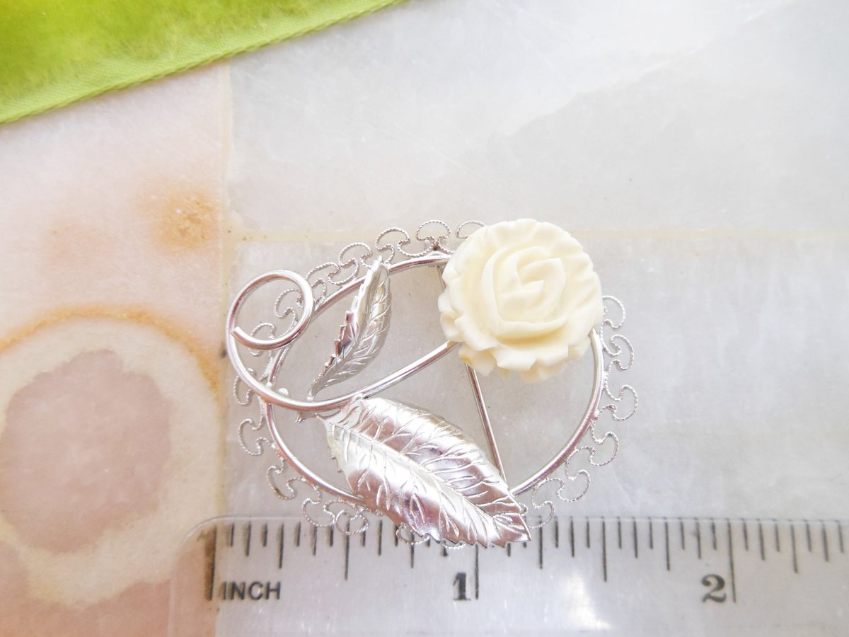 Vintage BEAU Brooch STERLING SILVER Designer Pin Carved Bovine Bone Rose Flower Filigree 925 Mid Century Jewelry Gift, VivianJoel.com