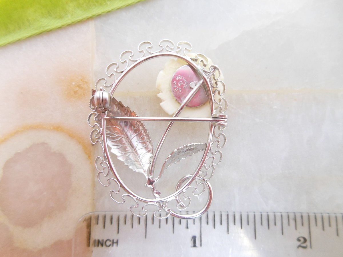 Vintage BEAU Brooch STERLING SILVER Designer Pin Carved Bovine Bone Rose Flower Filigree 925 Mid Century Jewelry Gift, VivianJoel.com