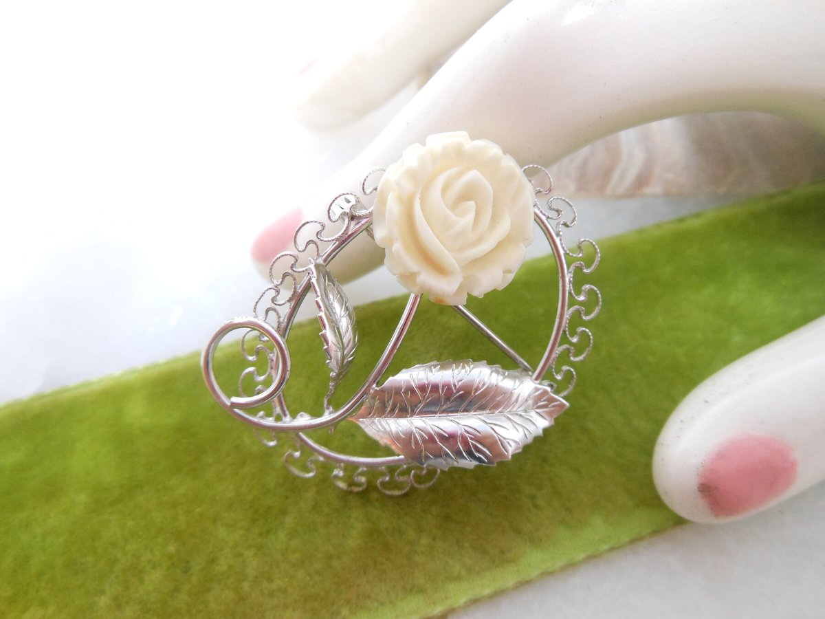 Vintage BEAU Brooch STERLING SILVER Designer Pin Carved Bovine Bone Rose Flower Filigree 925 Mid Century Jewelry Gift, VivianJoel.com