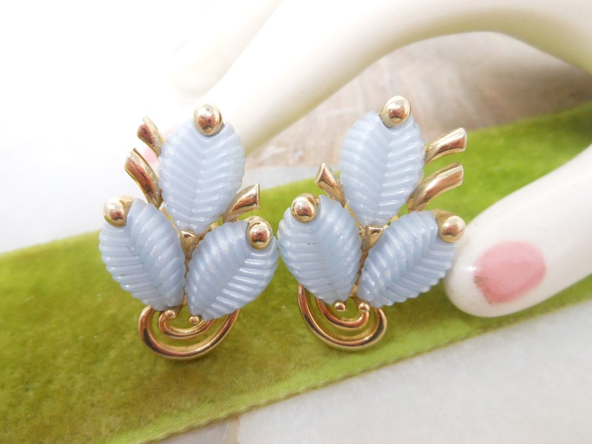 Vintage MARBOUX Earrings Blue Thermoset Plastic Leaf Gold Plate Clip On Designer Marcel Boucher Jewelry Mid Century Gift, VivianJoel.com
