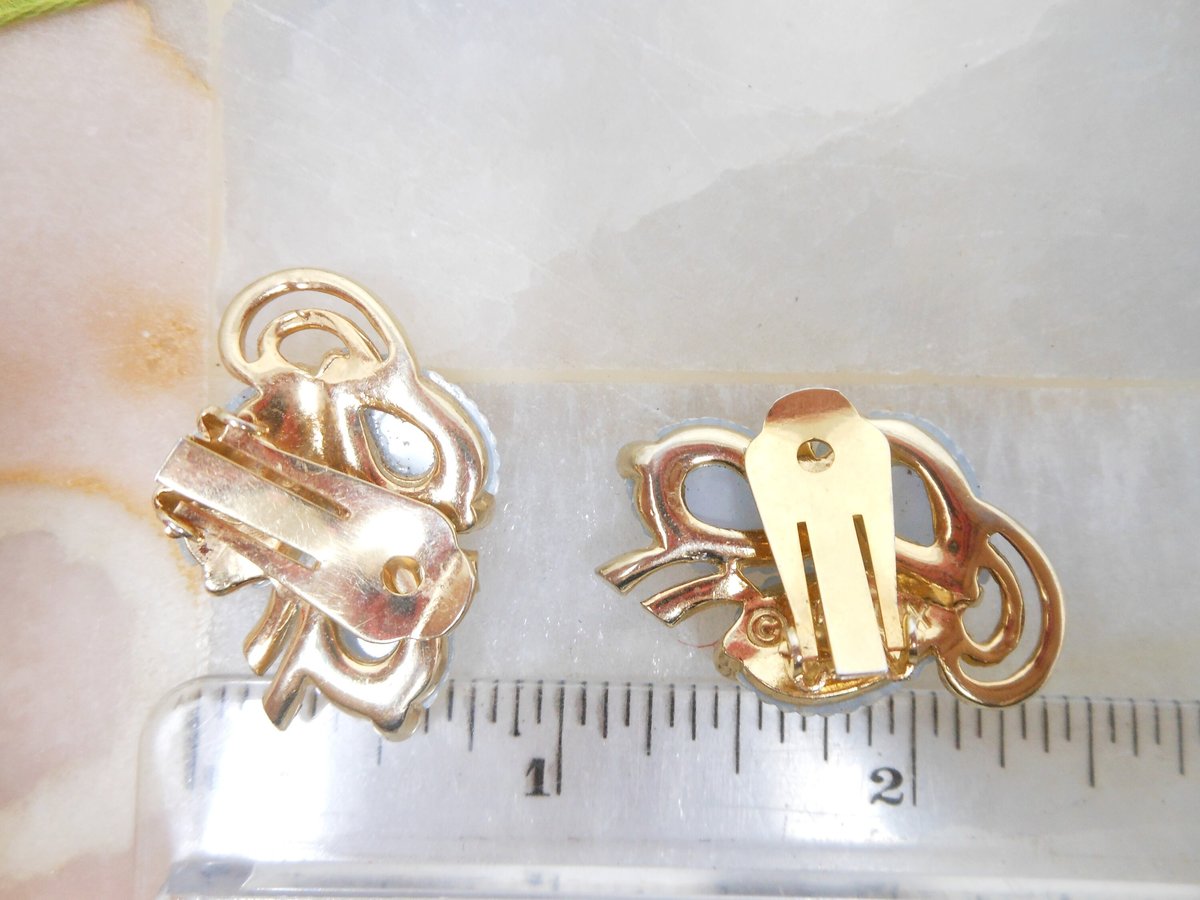 Vintage MARBOUX Earrings Blue Thermoset Plastic Leaf Gold Plate Clip On Designer Marcel Boucher Jewelry Mid Century Gift, VivianJoel.com