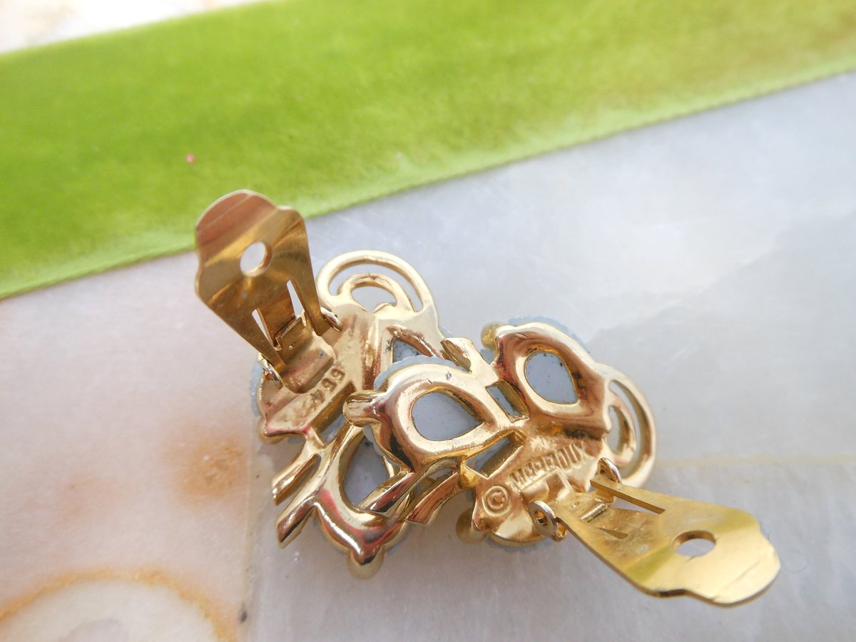 Vintage MARBOUX Earrings Blue Thermoset Plastic Leaf Gold Plate Clip On Designer Marcel Boucher Jewelry Mid Century Gift, VivianJoel.com