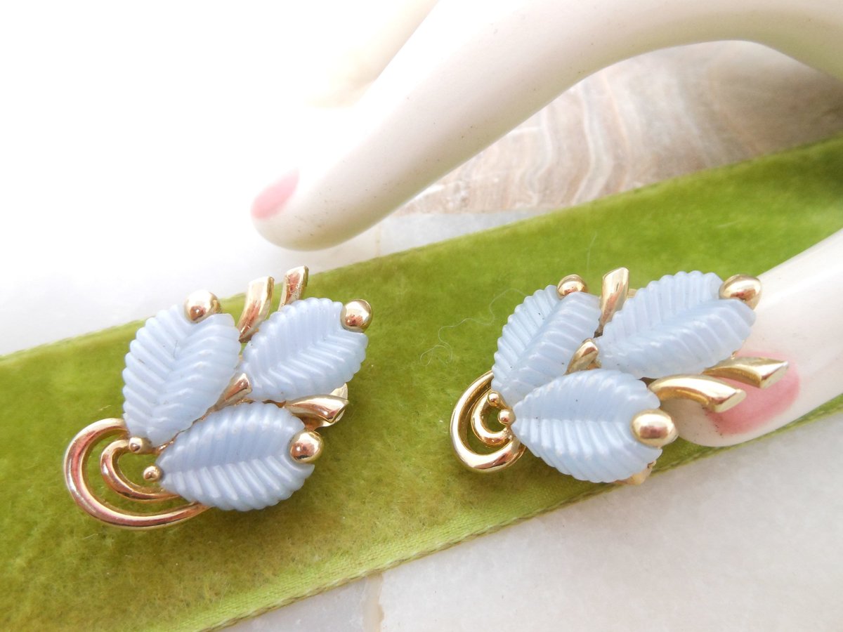 Vintage MARBOUX Earrings Blue Thermoset Plastic Leaf Gold Plate Clip On Designer Marcel Boucher Jewelry Mid Century Gift, VivianJoel.com