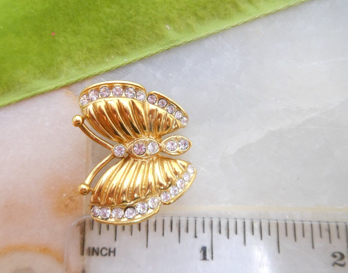 Vintage KREMENTZ Petite Pin Butterfly Insect Bug Brooch Gold Overlay Minimalist Rhinestone Designer Mid Century Jewelry Gift, VivianJoel.com