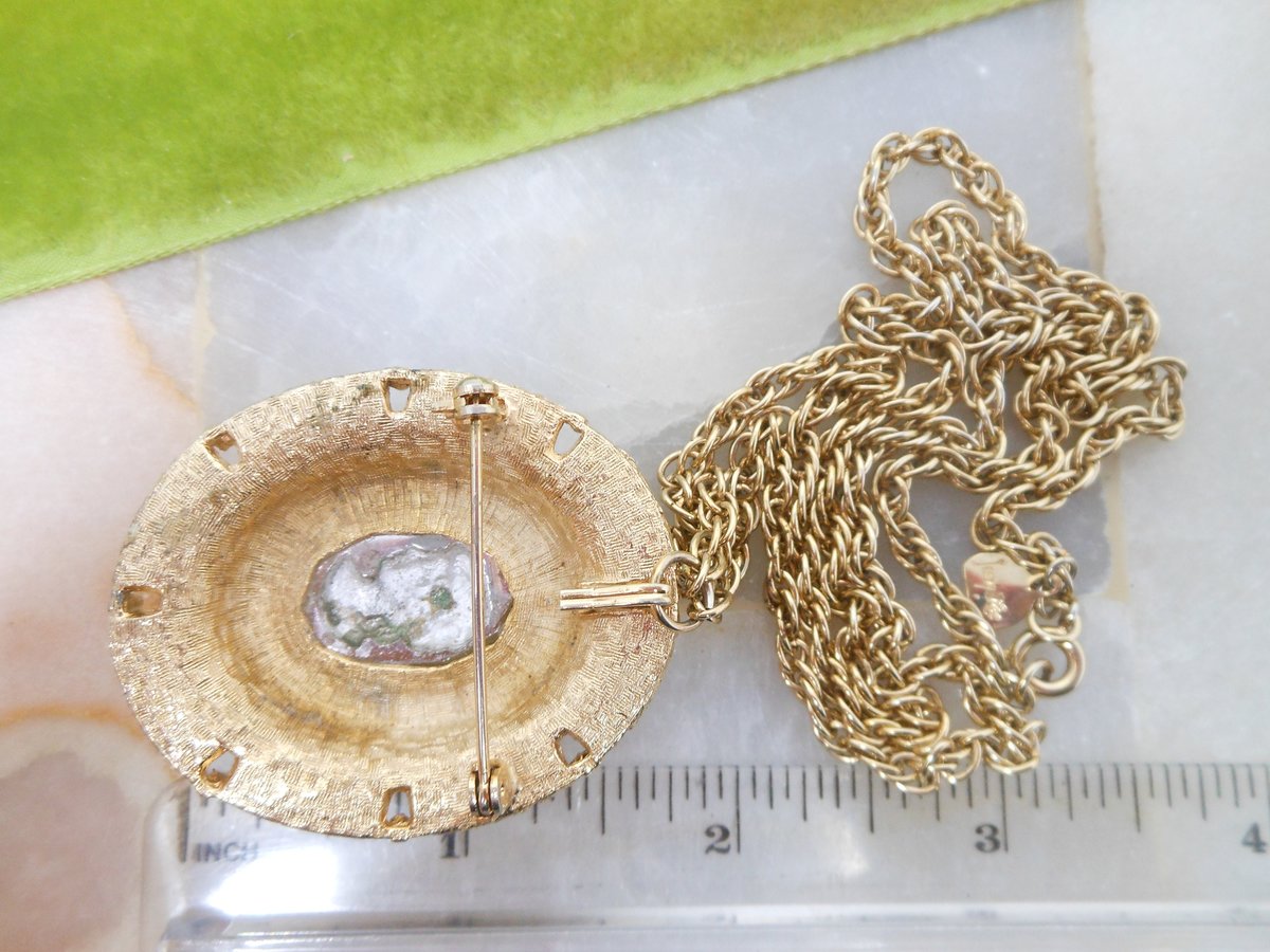 Vintage JUDY LEE Pendant Necklace Watermelon Glass Intaglio Cameo Brooch Designer Mid Century Jewelry Gift, VivianJoel.com