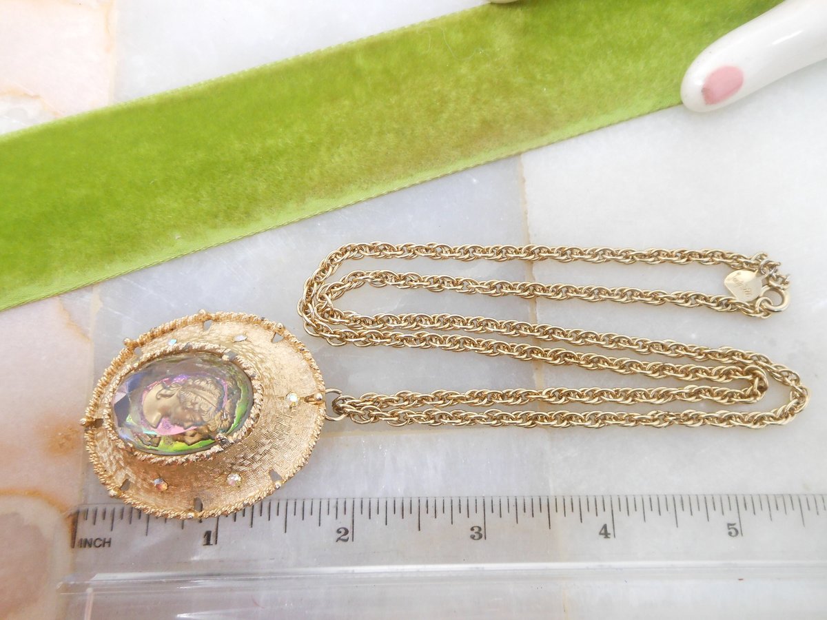 Vintage JUDY LEE Pendant Necklace Watermelon Glass Intaglio Cameo Brooch Designer Mid Century Jewelry Gift, VivianJoel.com