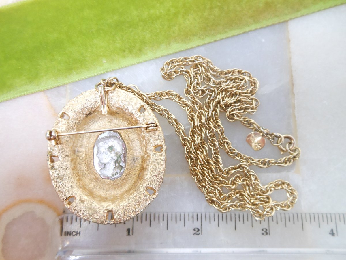 Vintage JUDY LEE Pendant Necklace Watermelon Glass Intaglio Cameo Brooch Designer Mid Century Jewelry Gift, VivianJoel.com