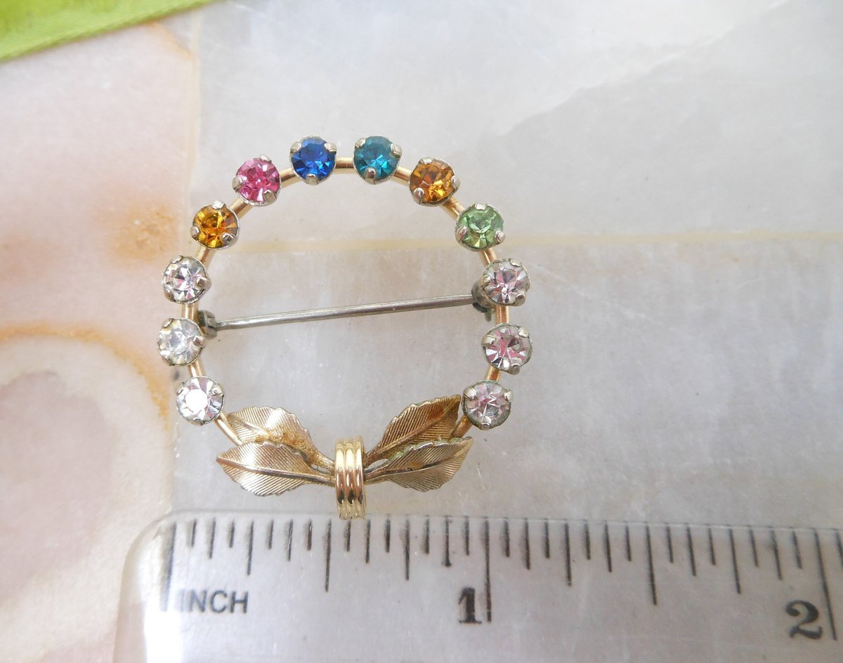 Vintage KREMENTZ Rhinestone Petite Pin Fruit Salad Wreath Brooch Gold Overlay Minimalist Designer Mid Century Jewelry Gift, VivianJoel.com