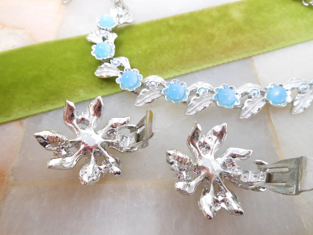 Vintage JUDY LEE Necklace Earrings Set Blue Moonglow Rhinestone Demi Parure Designer Mid Century Jewelry Gift, VivianJoel.com