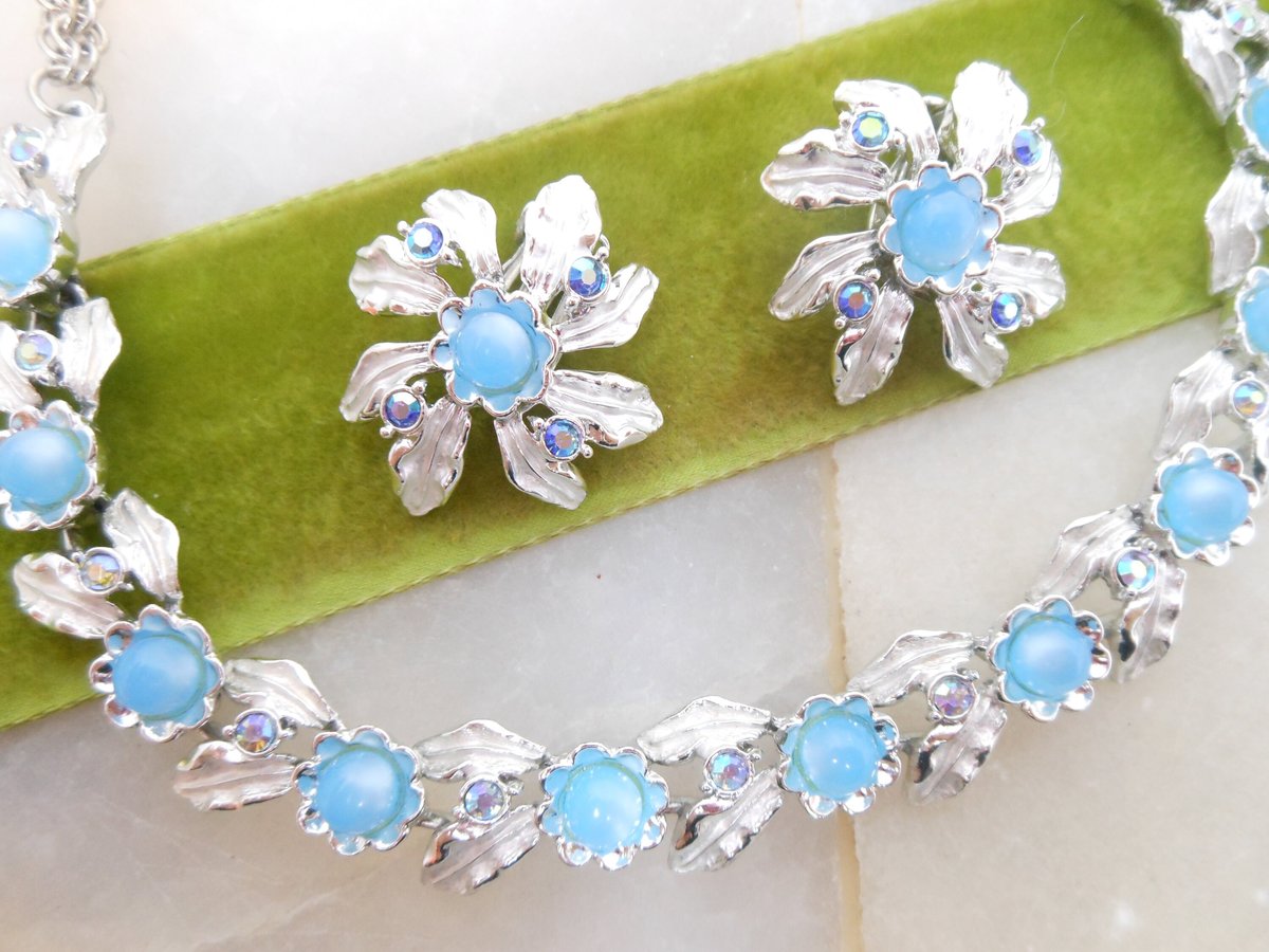 Vintage JUDY LEE Necklace Earrings Set Blue Moonglow Rhinestone Demi Parure Designer Mid Century Jewelry Gift, VivianJoel.com