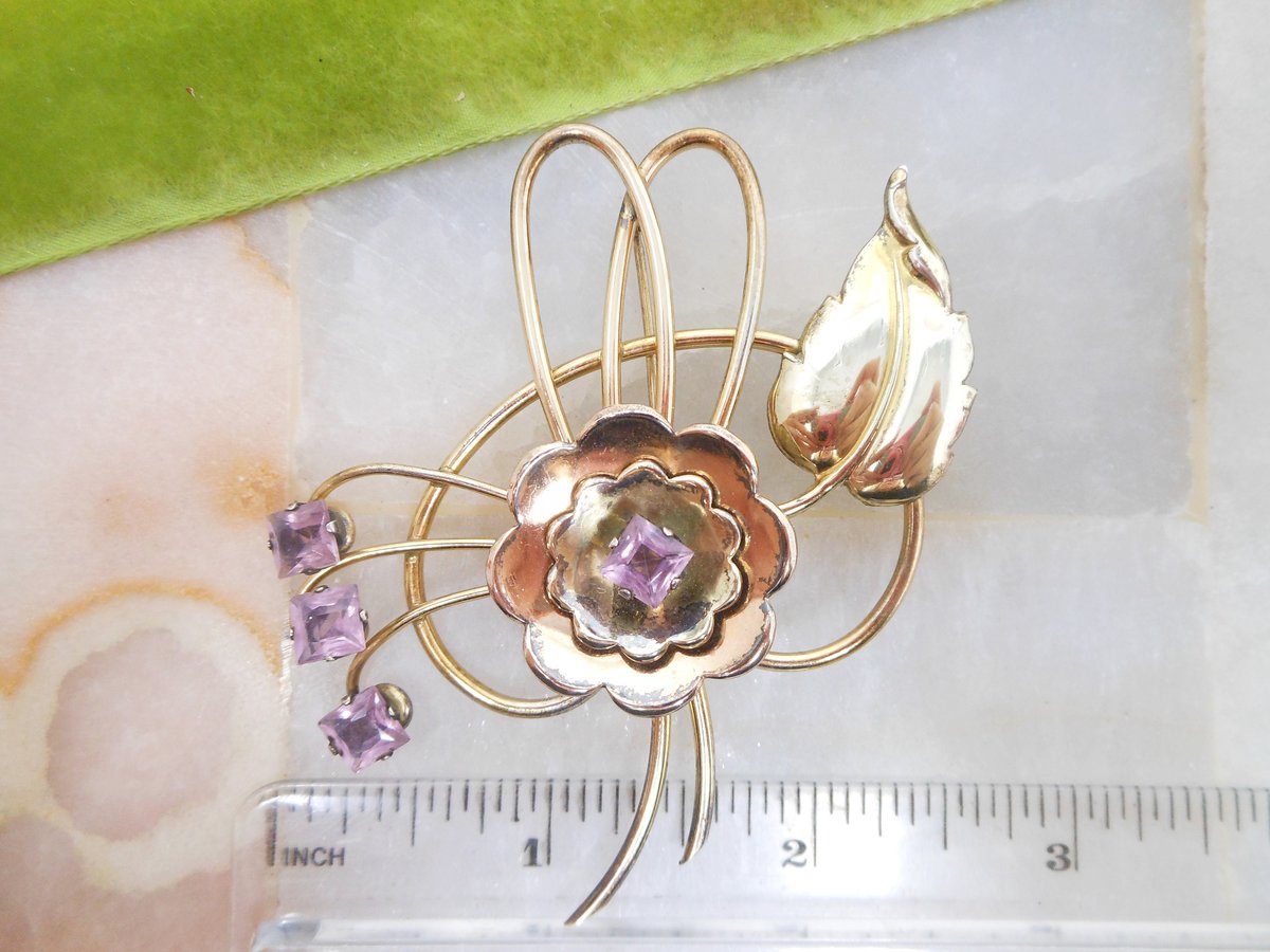 Vintage HARRY ISKIN Gold Fill Brooch Flower Pin Lilac Crystal Rhinestone GF Designer Mid Century Jewelry Gift, VivianJoel.com