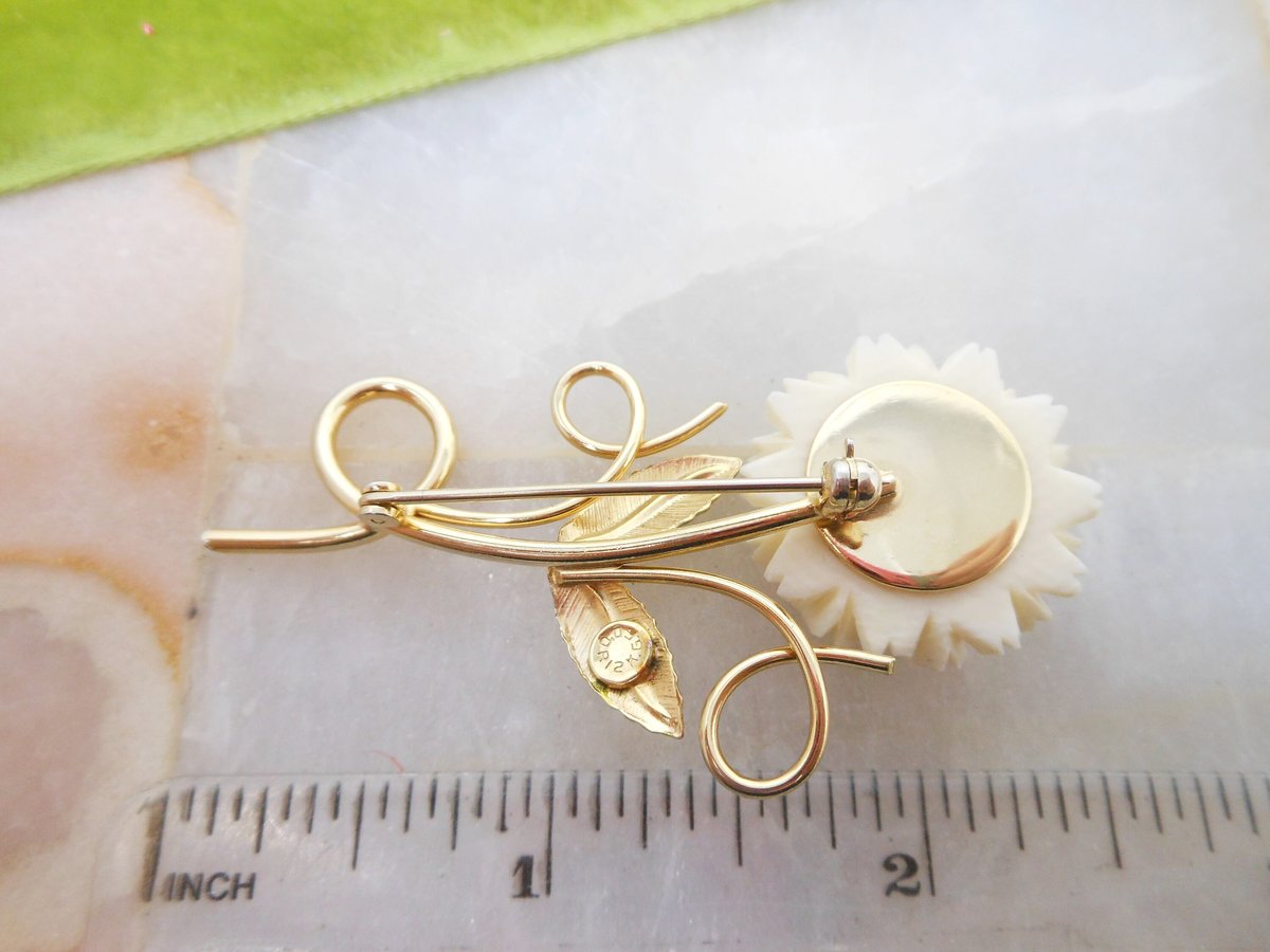 Vintage D'OR Designer Brooch Gold Fill Flower Dahlia Pin Carved Bone Bovine Mid Century Jewelry Gift, VivianJoel.com