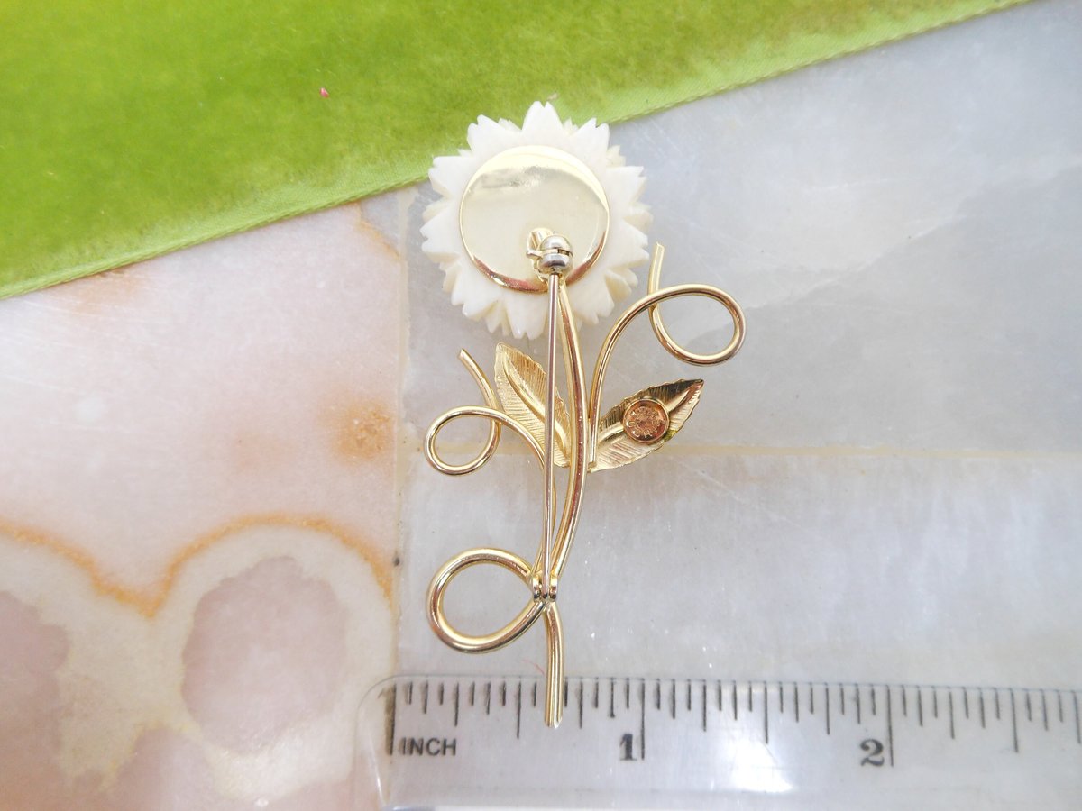 Vintage D'OR Designer Brooch Gold Fill Flower Dahlia Pin Carved Bone Bovine Mid Century Jewelry Gift, VivianJoel.com