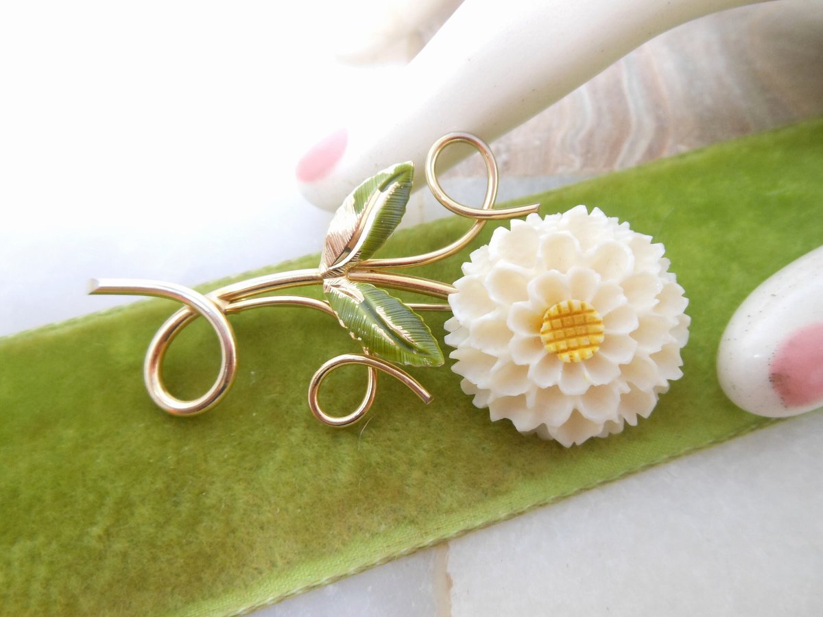 Vintage D'OR Designer Brooch Gold Fill Flower Dahlia Pin Carved Bone Bovine Mid Century Jewelry Gift, VivianJoel.com