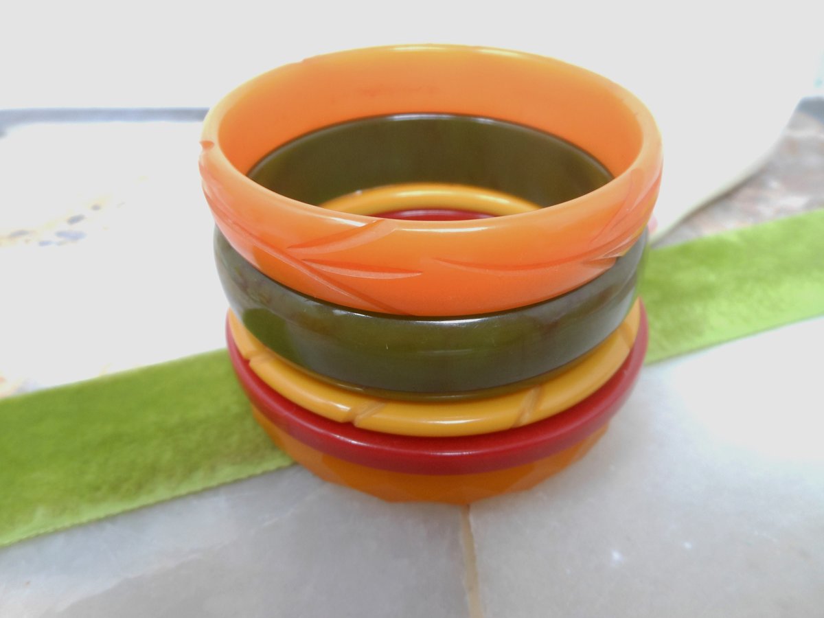 Vintage BAKELITE LOT 5  Bangle Bracelet Stack Tested Green Red Butterscotch Yellow Old Plastic Mid Century Jewelry Gift, VivianJoel