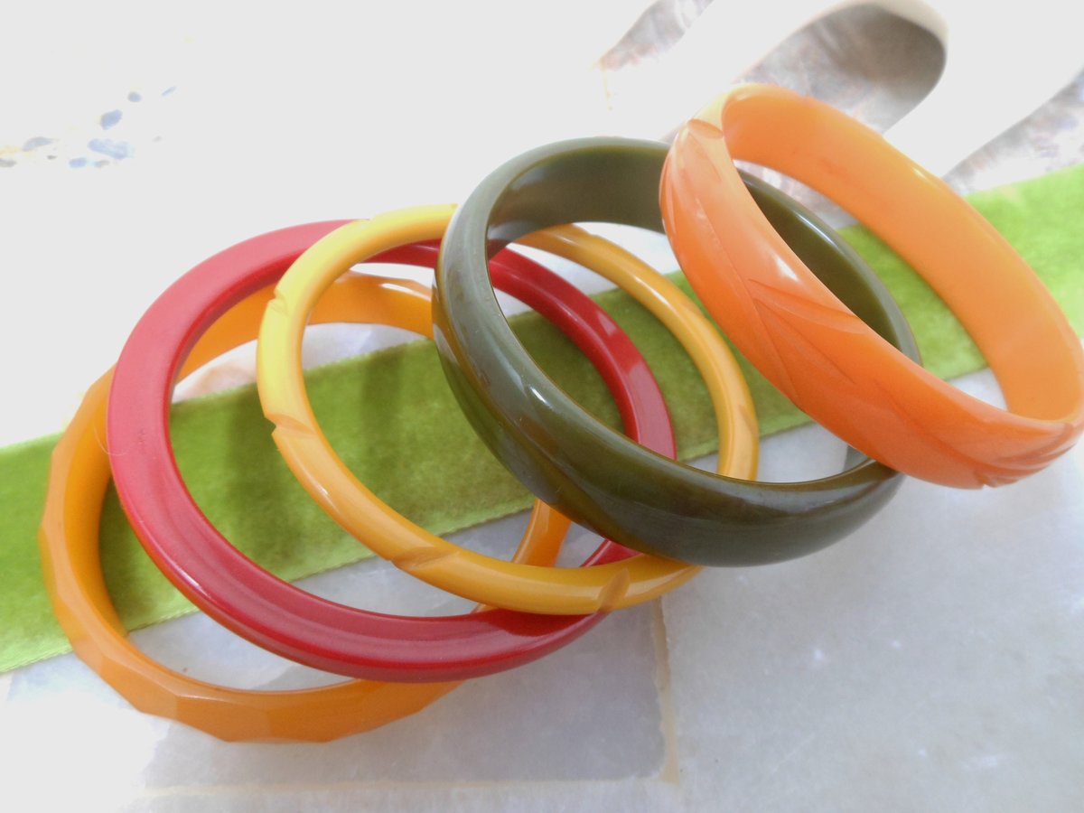 Vintage BAKELITE LOT 5  Bangle Bracelet Stack Tested Green Red Butterscotch Yellow Old Plastic Mid Century Jewelry Gift, VivianJoel