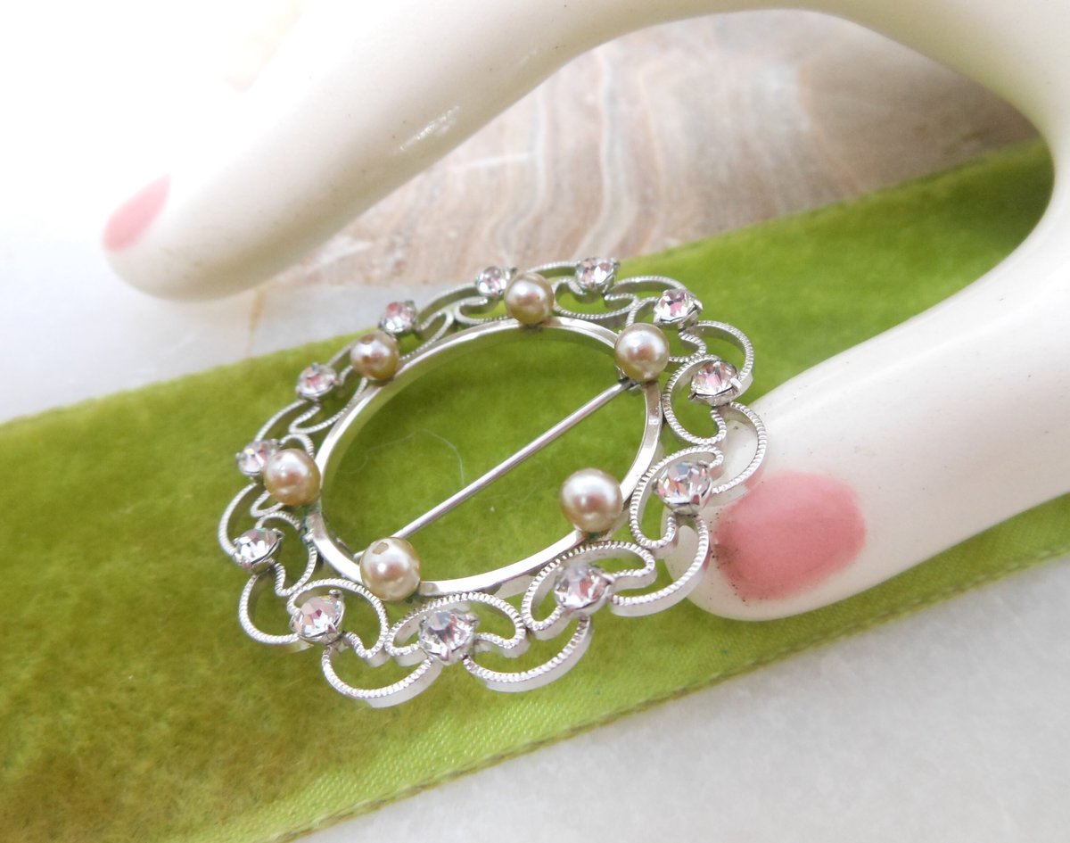 Vintage KREMENTZ Brooch Designer Pin 14KT White Gold Overlay Crystal Filigree Wreath Dainty Delicate Jewelry Mid Century, VivianJoel.com