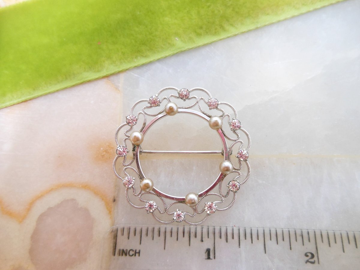 Vintage KREMENTZ Brooch Designer Pin 14KT White Gold Overlay Crystal Filigree Wreath Dainty Delicate Jewelry Mid Century, VivianJoel.com