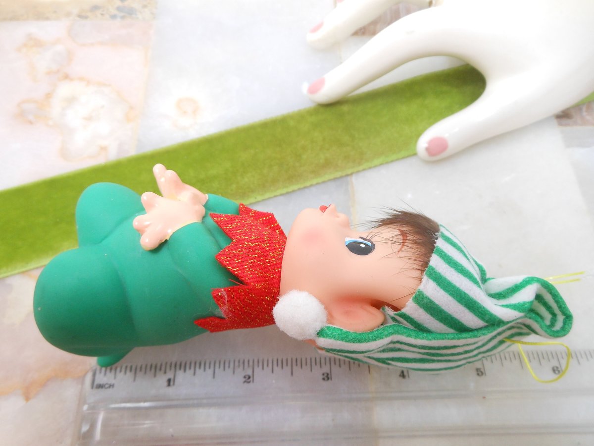 Vintage Rubber Christmas Pixie Elf JAPAN Plastic Tree Ornament Big Eye Stripe Hat Mid Century *FLAWED As Is*, VivianJoel.com