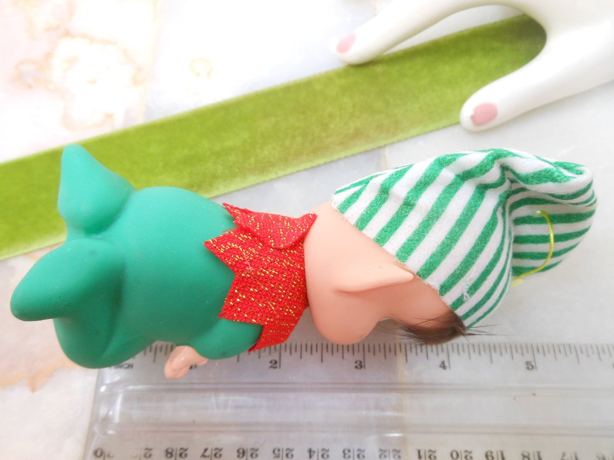 Vintage Rubber Christmas Pixie Elf JAPAN Plastic Tree Ornament Big Eye Stripe Hat Mid Century *FLAWED As Is*, VivianJoel.com