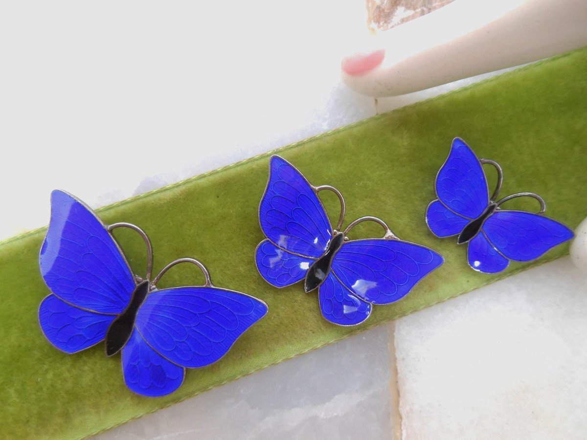 Vintage VOLMER BAHNER Denmark STERLING Silver Butterfly Pin Set Brooch Trio Enamel Blue Guilloche Designer Mid Century, VivianJoel.com