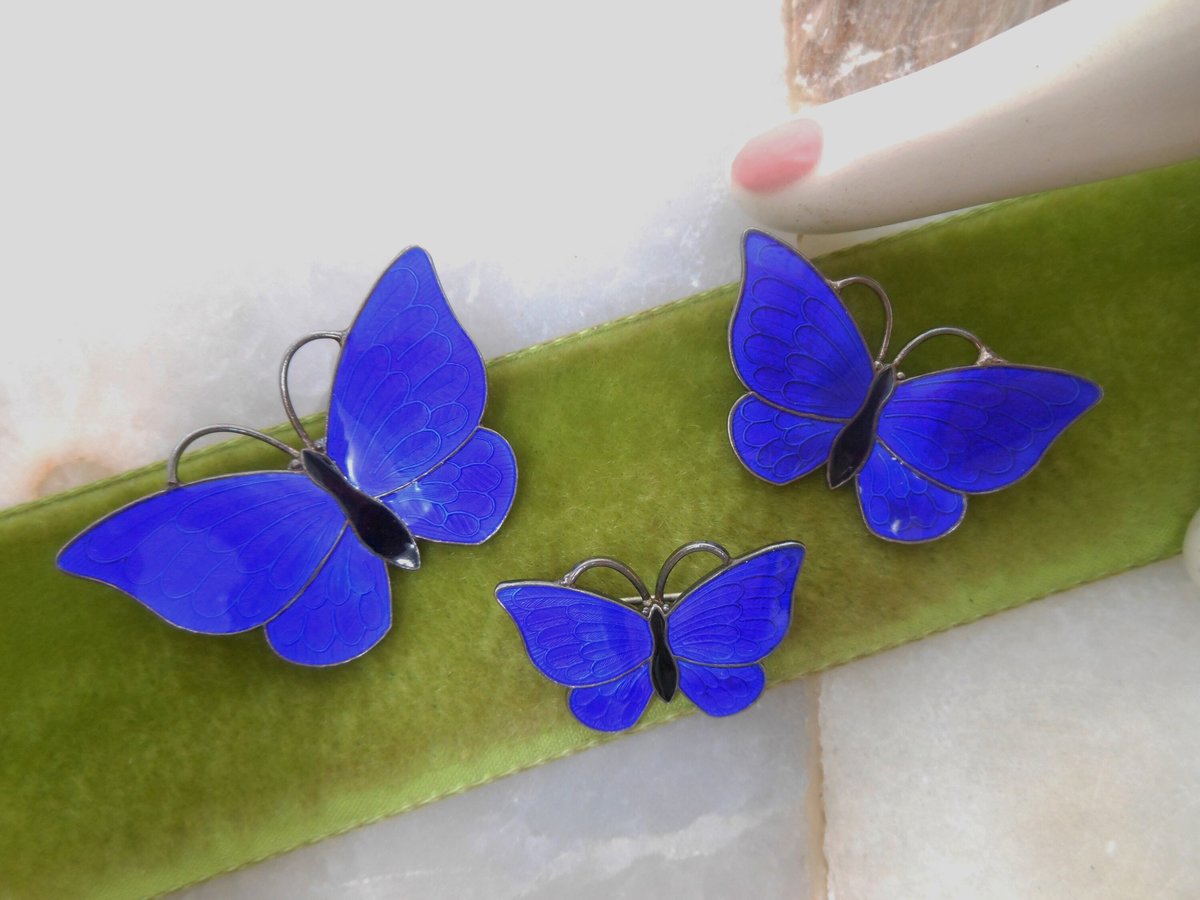 Vintage VOLMER BAHNER Denmark STERLING Silver Butterfly Pin Set Brooch Trio Enamel Blue Guilloche Designer Mid Century, VivianJoel.com