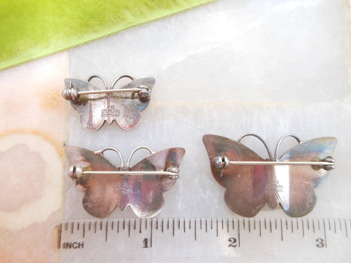 Vintage VOLMER BAHNER Denmark STERLING Silver Butterfly Pin Set Brooch Trio Enamel Blue Guilloche Designer Mid Century, VivianJoel.com