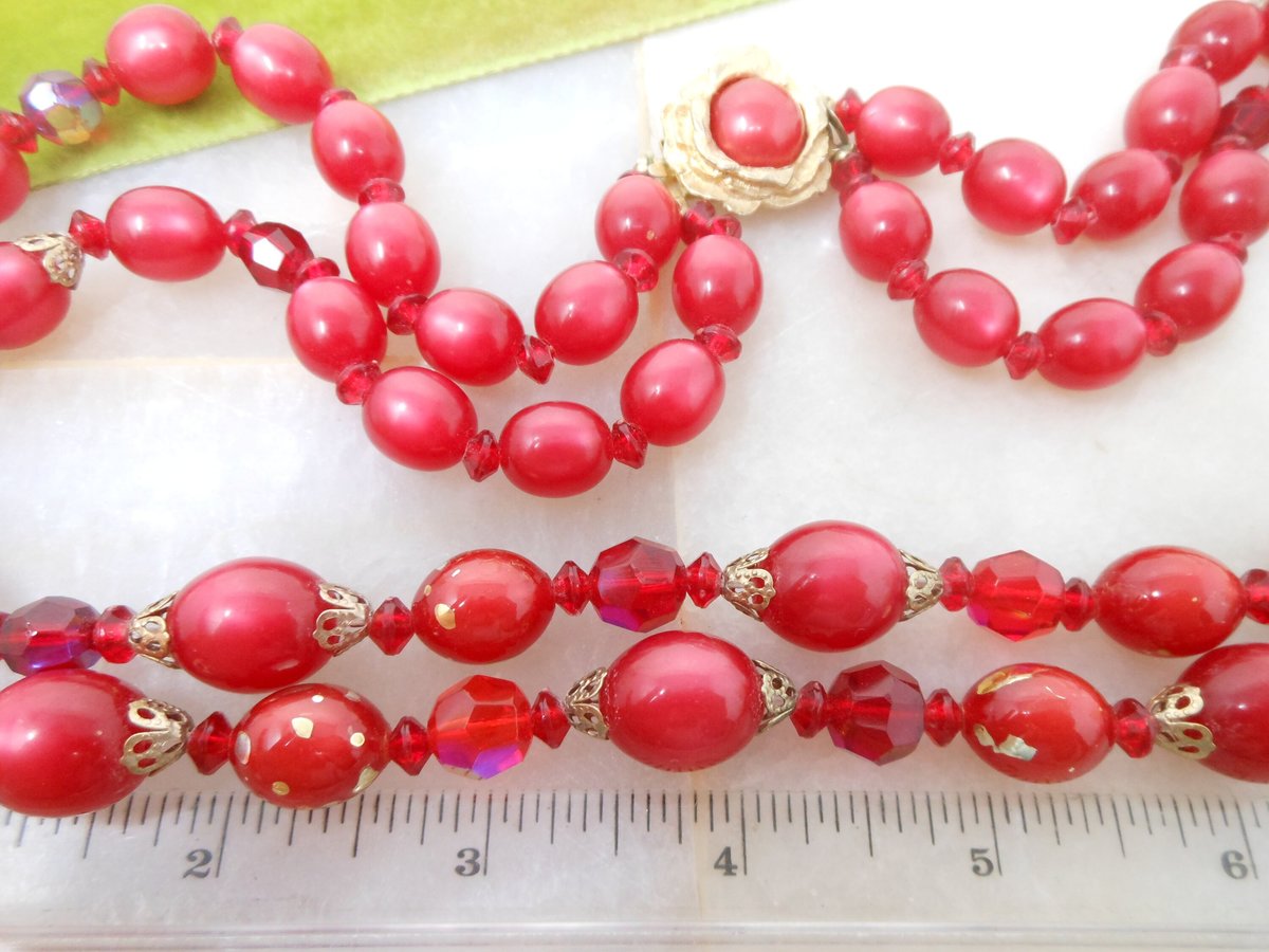Vintage JUDY LEE Bead Necklace Red Crystal Two Strand Bib Plastic Rasberry Moonglow Designer Mid Century Jewelry Gift, VivianJoel.com