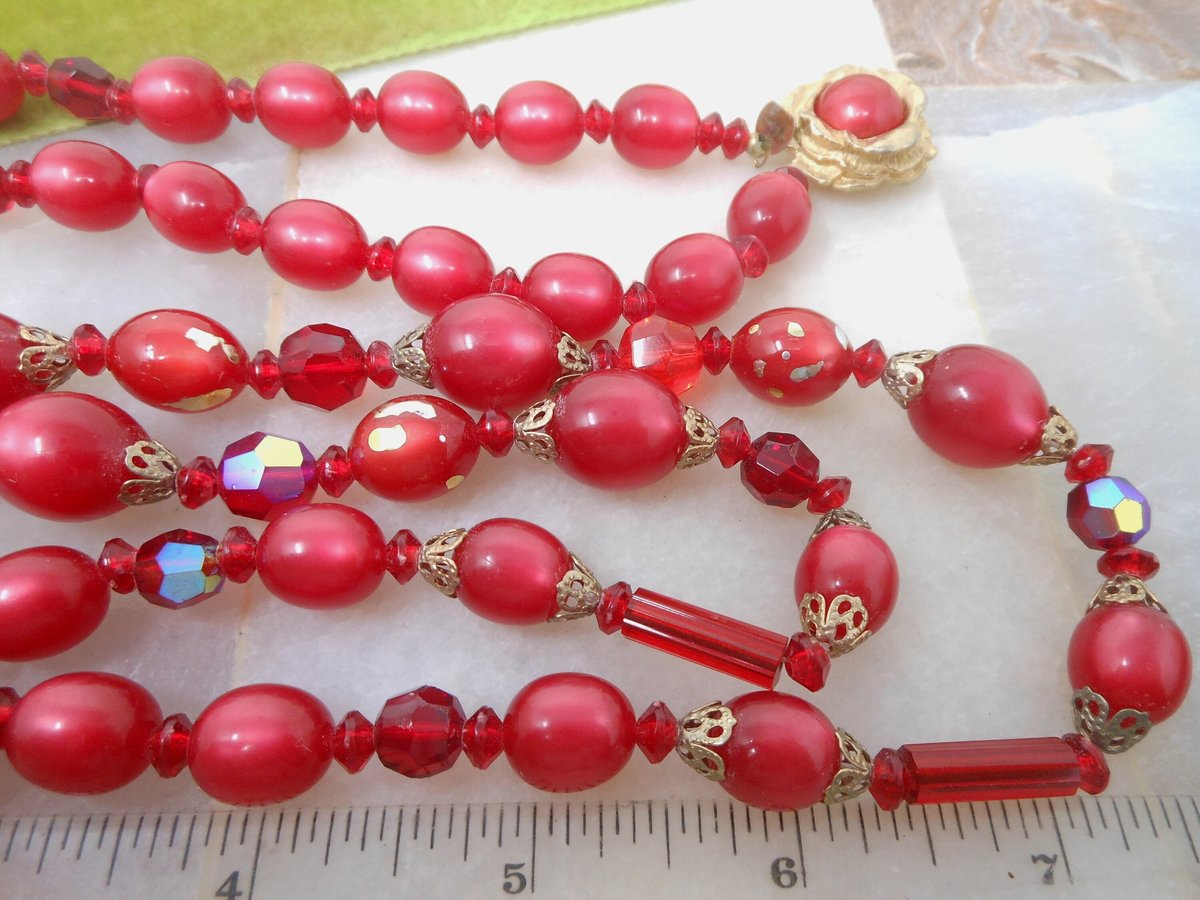 Vintage JUDY LEE Bead Necklace Red Crystal Two Strand Bib Plastic Rasberry Moonglow Designer Mid Century Jewelry Gift, VivianJoel.com