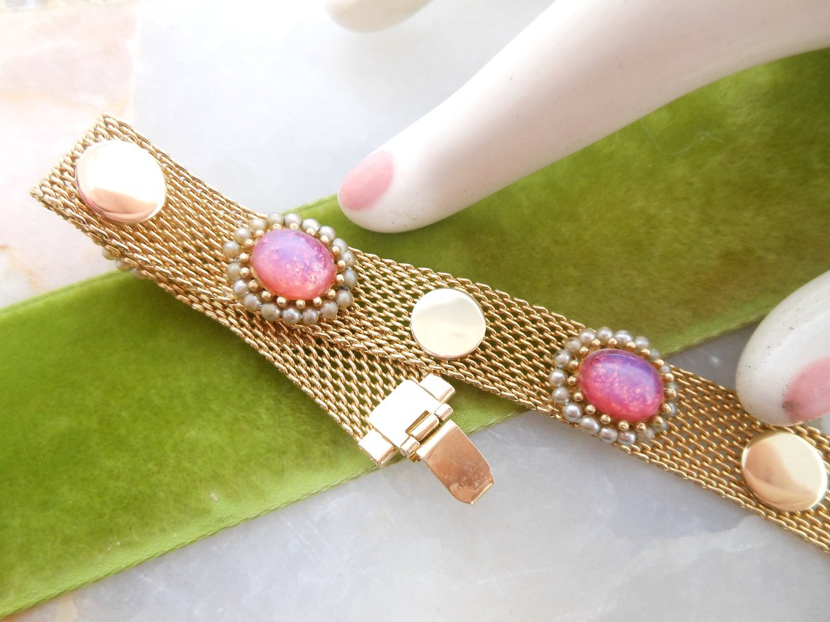 Vintage JUDY LEE Bracelet Mesh Link Fiery Pink Opal Art Glass Faux Pearl Gold Plate Jewelry Gift Designer Mid Century, VivianJoel.com